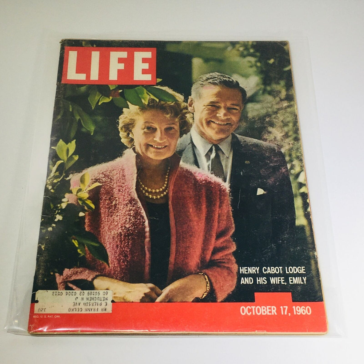 Cover of Vintage Life Magazine from October 17, 1960, featuring Henry Cabot Lodge and his wife, Emily. The magazine displays vibrant colors and historic imagery, ideal for collectors and history enthusiasts.