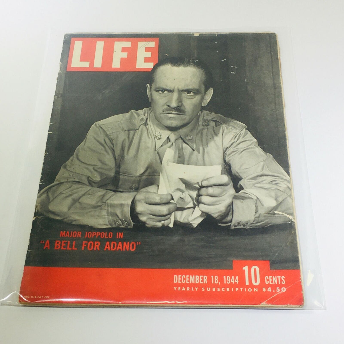 Vintage Life Magazine featuring Major Jopolo in 'A Bell For Adano,' December 18, 1944. The magazine cover showcases military themes and classic cinema history.