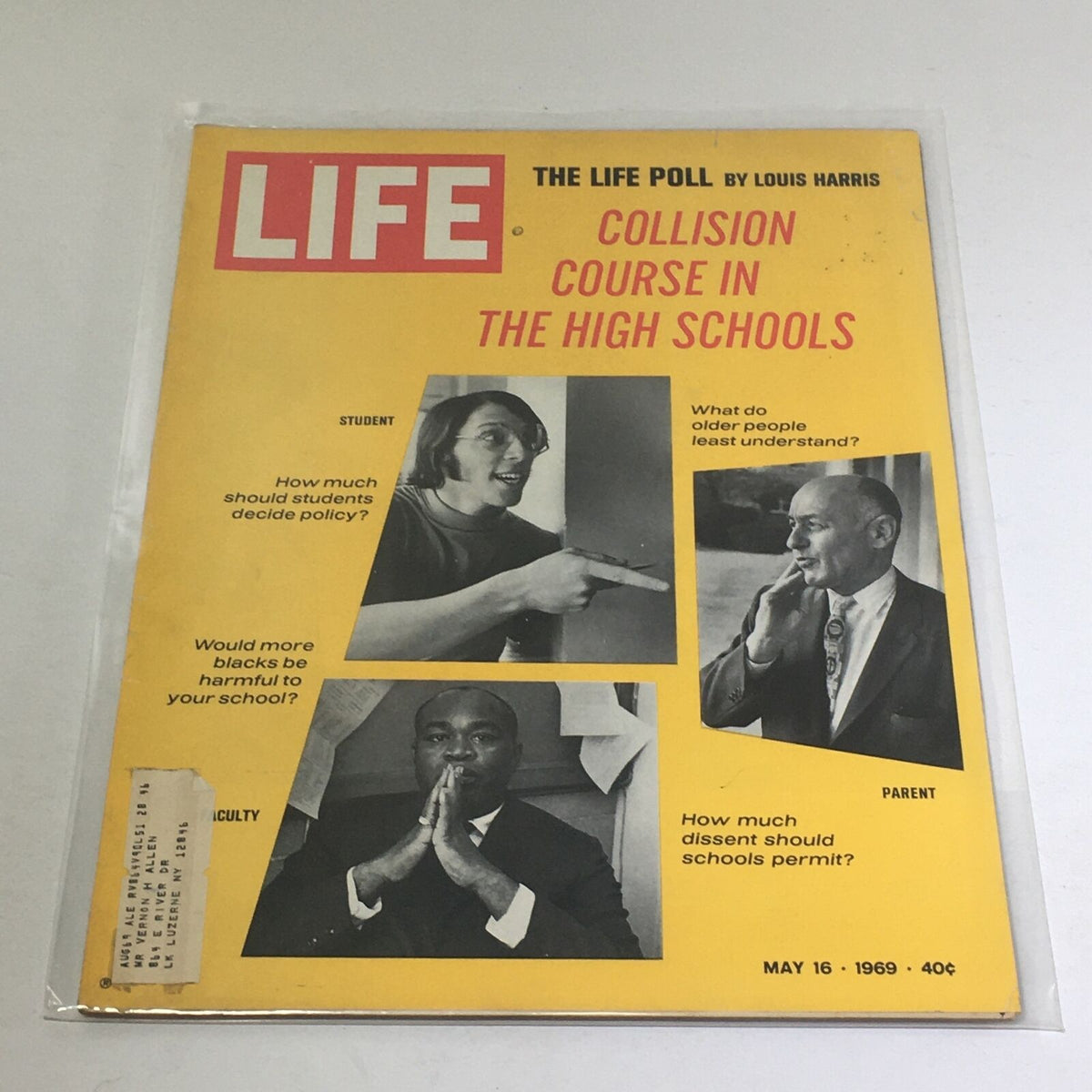 VTG Life Magazine from May 16, 1969, featuring the cover story 'The Life Poll' by Louis Harris. The cover highlights a variety of topics with images of a student, a parent, and a member of faculty discussing issues in high schools, capturing the cultural dynamics of the late 1960s.