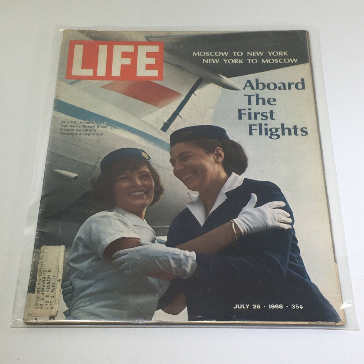 VTG Life Magazine Cover - July 26 1968 featuring two flight attendants smiling, titled 'Aboard The First Flights,' capturing the historic aviation connection between Moscow and New York.