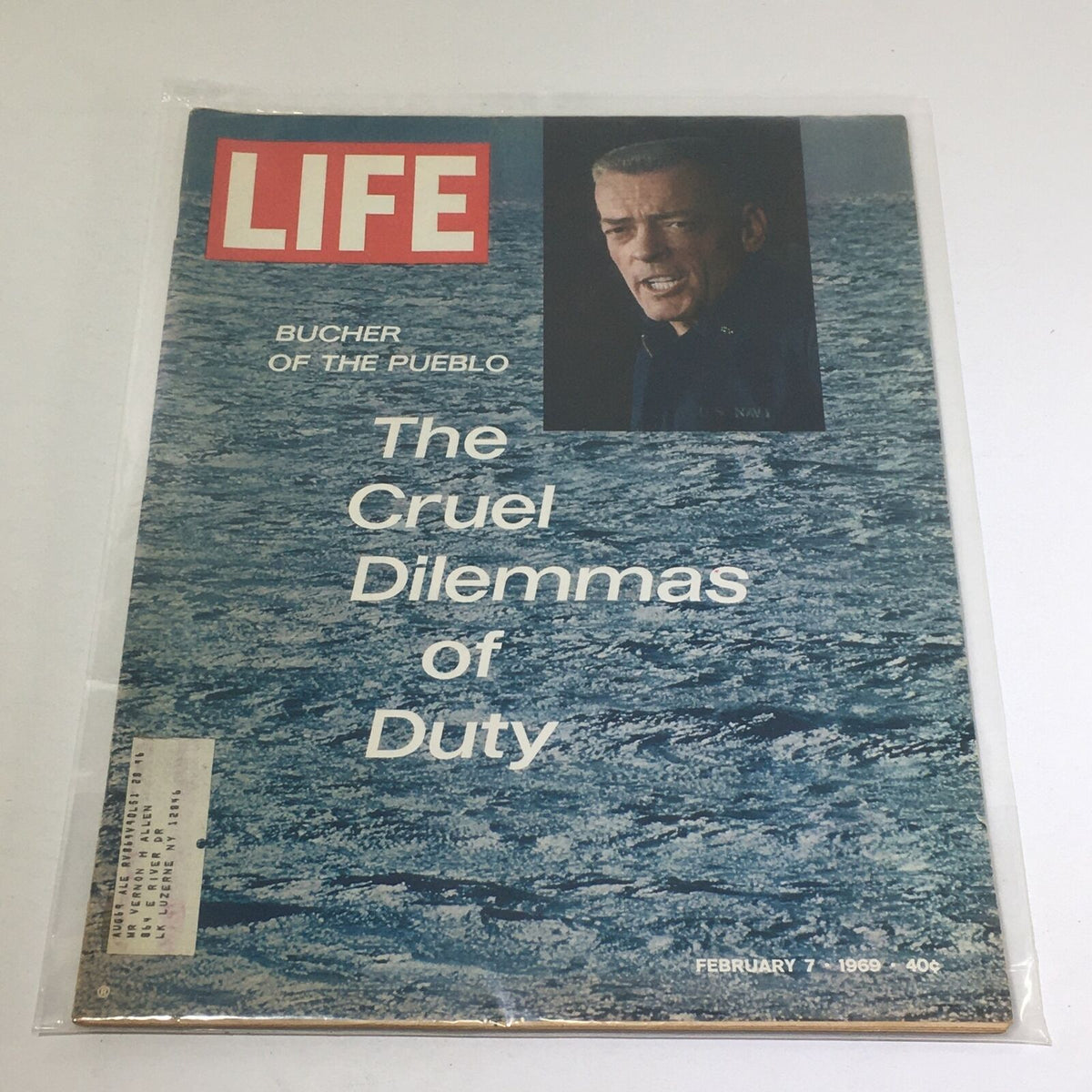 Cover of VTG Life Magazine from February 7, 1969 featuring the headline 'Bucher Of The Pueblo: The Cruel Dilemmas of Duty' with a photograph of a man and a textured blue background.