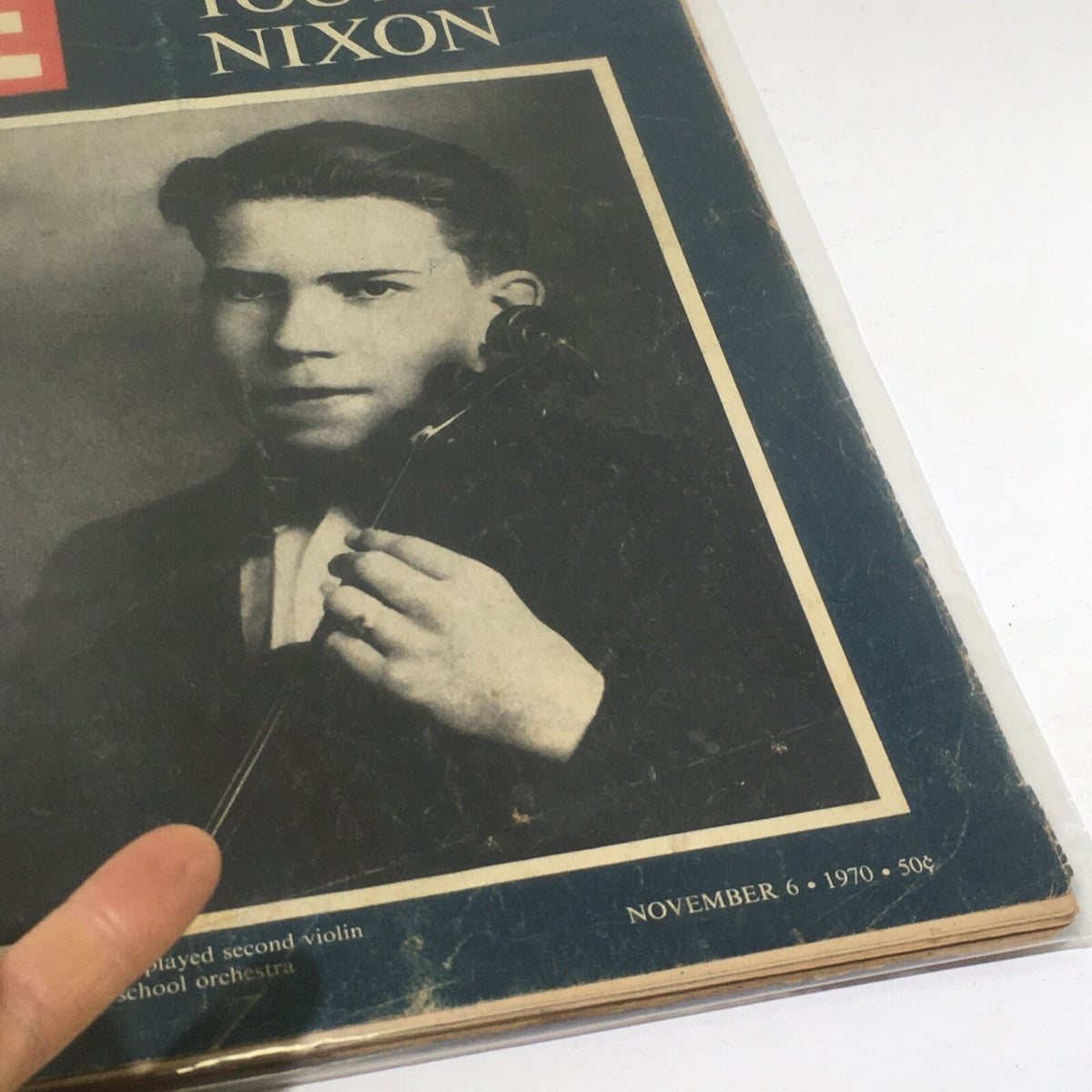 Close-up of the cover of VTG Life Magazine from November 6, 1970, highlighting Richard Nixon as a young boy holding a violin, connected to the article 'The Young Nixon at 14 Play Second Violin'.