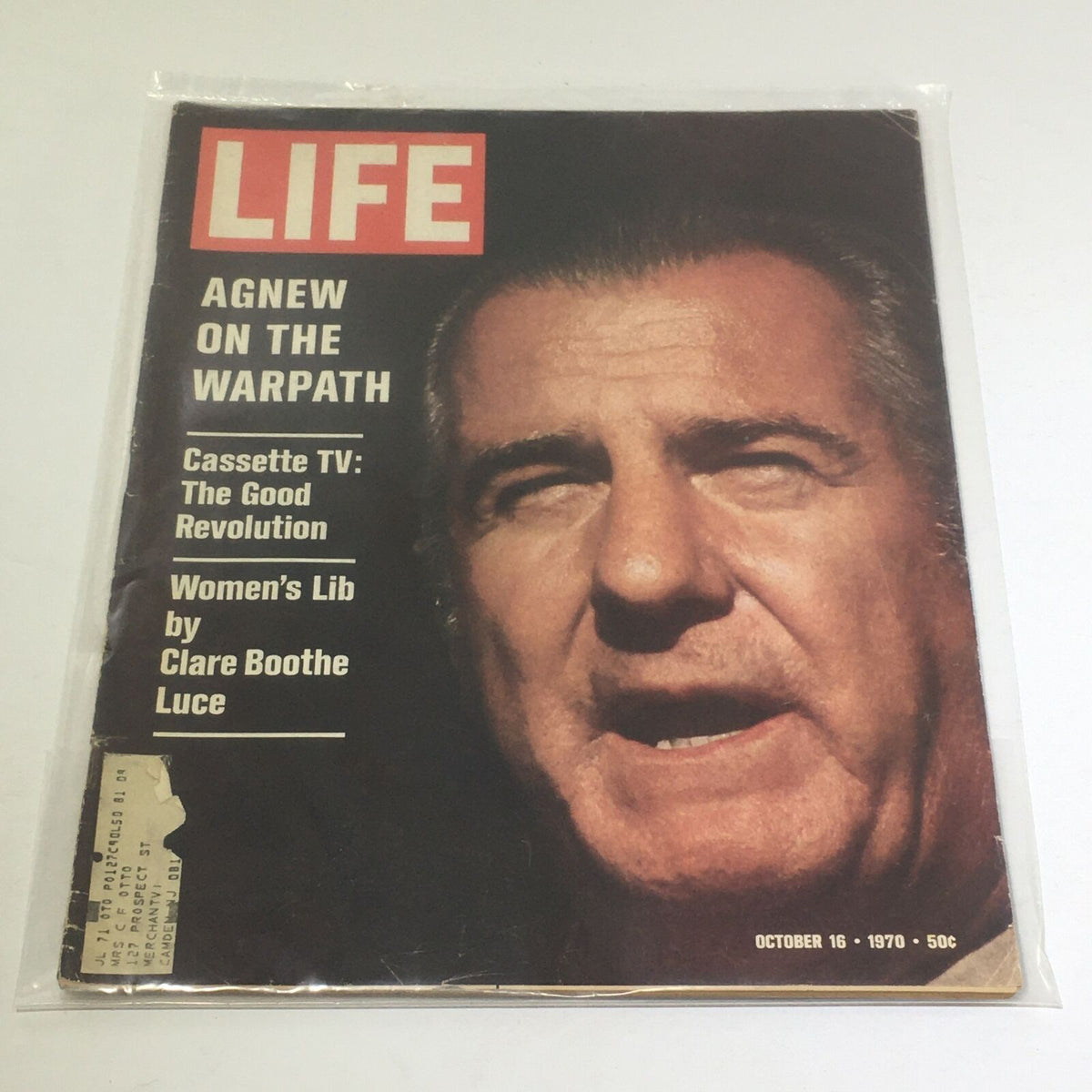 VTG Life Magazine Cover from October 16, 1970 featuring an article titled 'Agnew On The Warpath' and highlights on 'Cassette TV: The Good Revolution' and 'Women's Lib by Clare Boothe Luce'.