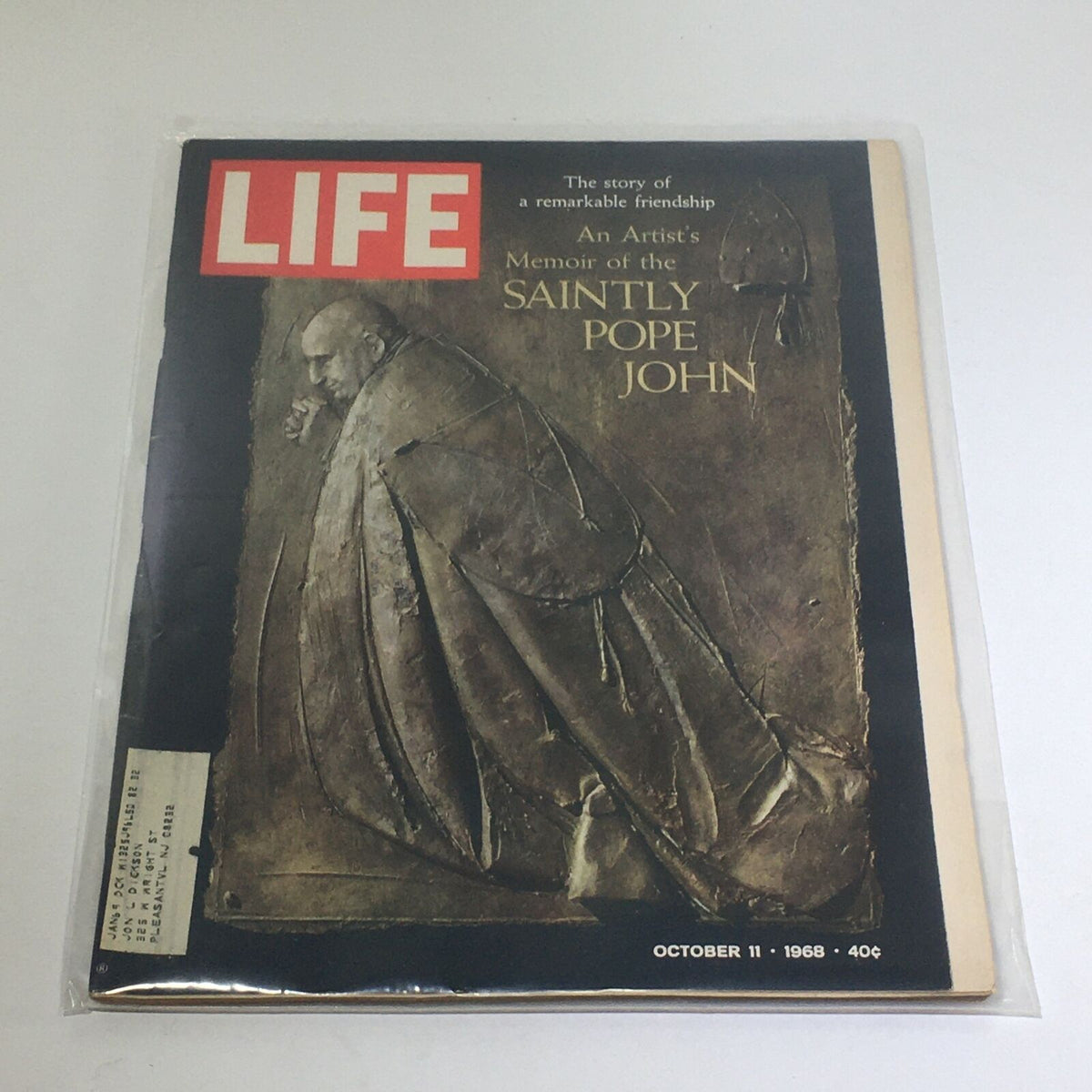 VTG Life Magazine cover from October 11, 1968, featuring an artist's memoir of the Saintly Pope John, showcasing a unique illustration and historical significance.