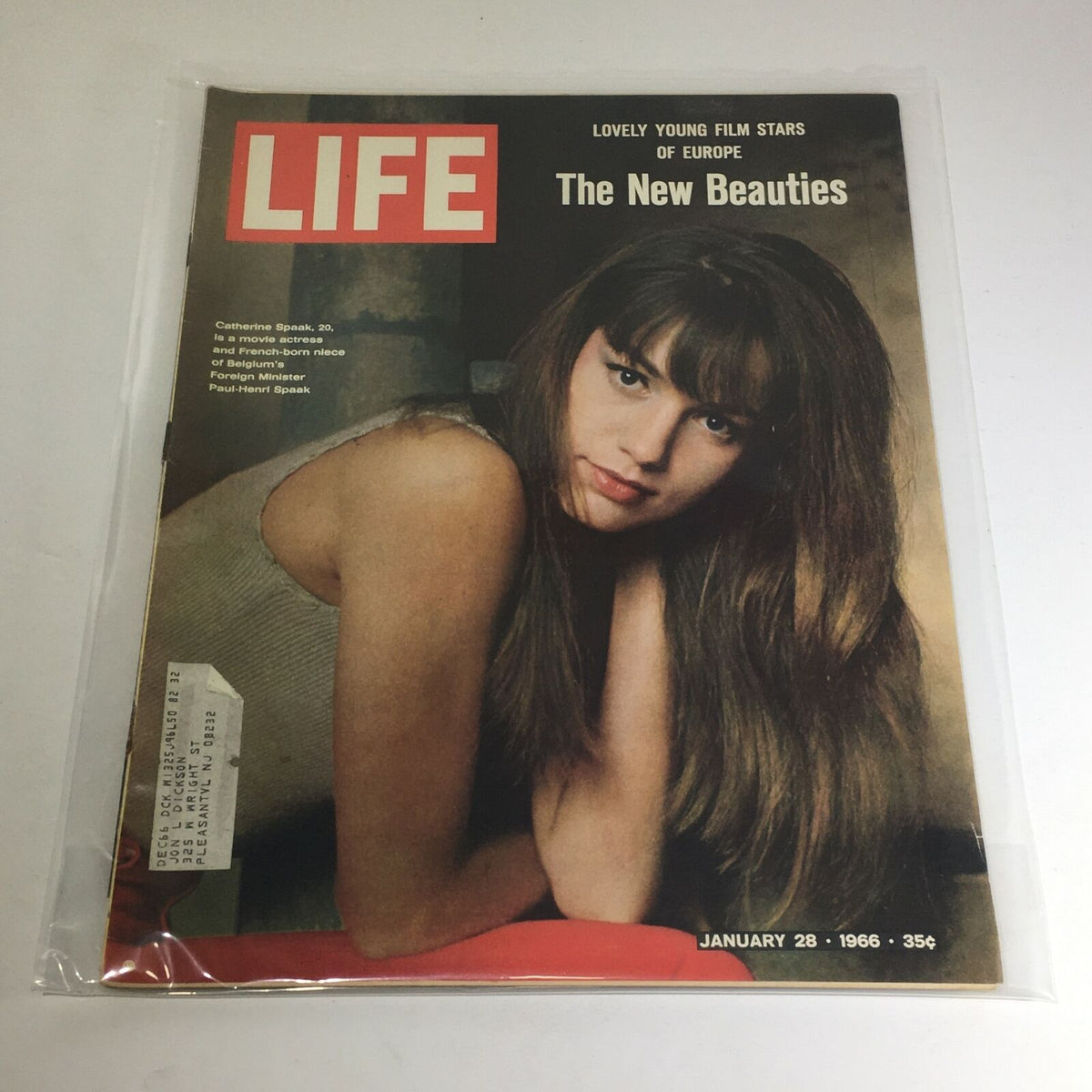 VTG Life Magazine from January 28, 1966, featuring Catherine Spaak, highlighting French-born beauty and film star on the cover, showcasing vintage fashion and cultural highlights. This collector's item encapsulates the allure of the 1960s.