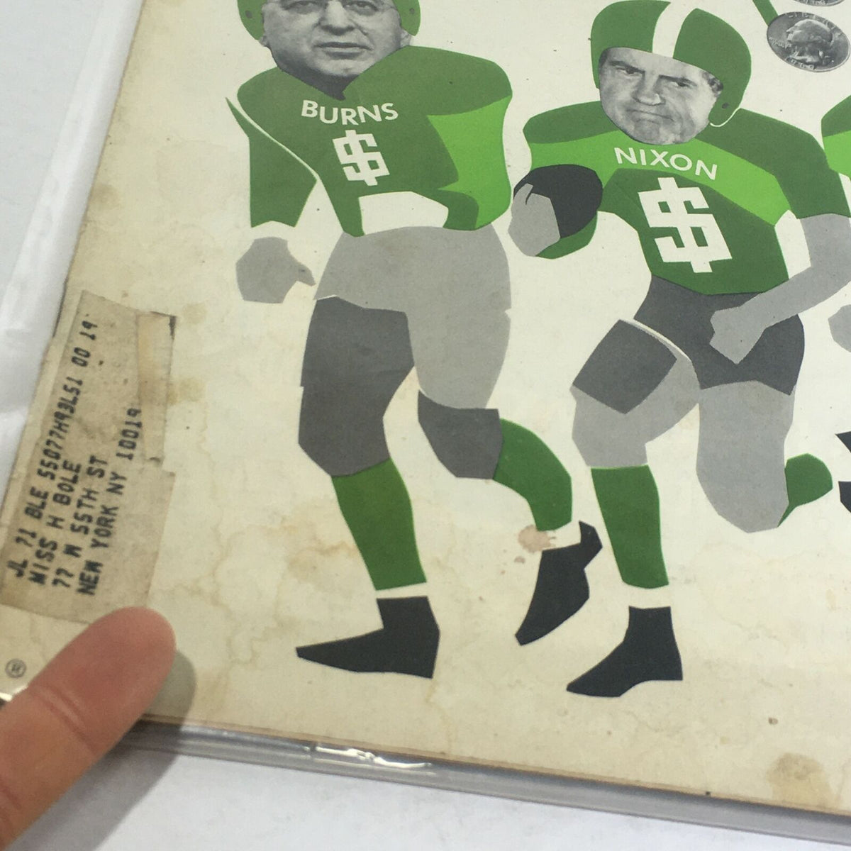 Close-up of the VTG Life Magazine: August 27 1971 cover showing characters Burns and Nixon in football uniforms with a vintage address label, highlighting the magazine's theme 'Game Plan $'s for Burns, Nixon and Connally'.