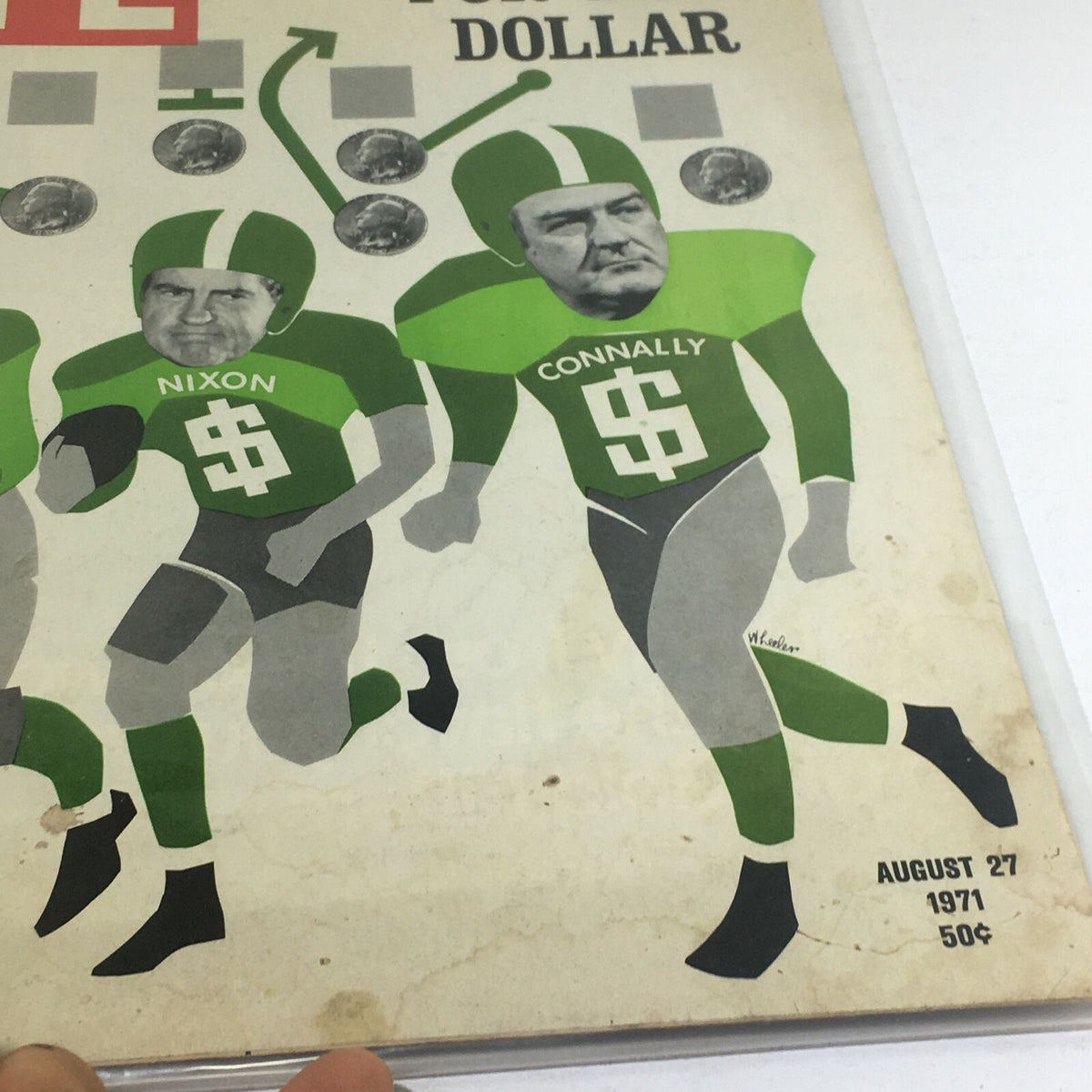 Cover of VTG Life Magazine: August 27 1971 featuring a graphic illustration of football players labeled 'Nixon' and 'Connally' with a dollar sign, emphasizing the theme 'Game Plan $'s for Burns, Nixon and Connally.'