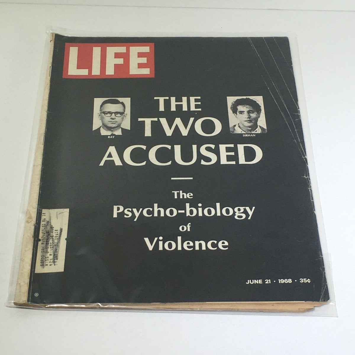 Cover of VTG Life Magazine dated June 21, 1968, featuring the title 'The Two Accused' and images of James Earl Ray and Sirhan Sirhan, focusing on the psycho-biology of violence.