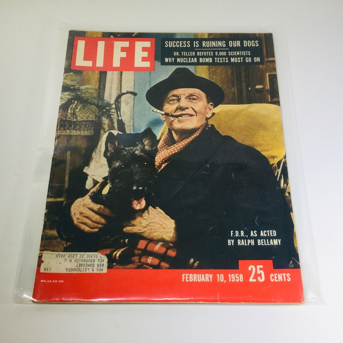 VTG Life Magazine Cover from February 10, 1958 featuring an image of a man with a dog, with the title 'F.D.R. as Acted by Ralph Bellamy' and a tagline about the impact of success on dogs.