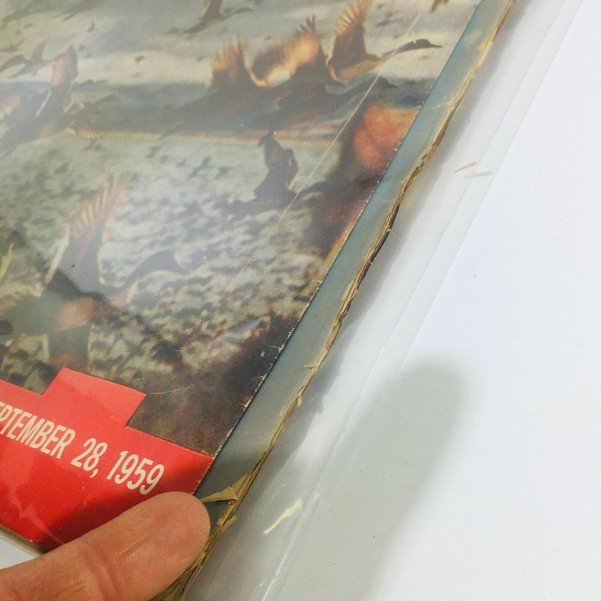 Close-up view of VTG Life Magazine: Sept 28, 1959 showing edge wear and protective covering, highlighting the vintage feel of the publication.