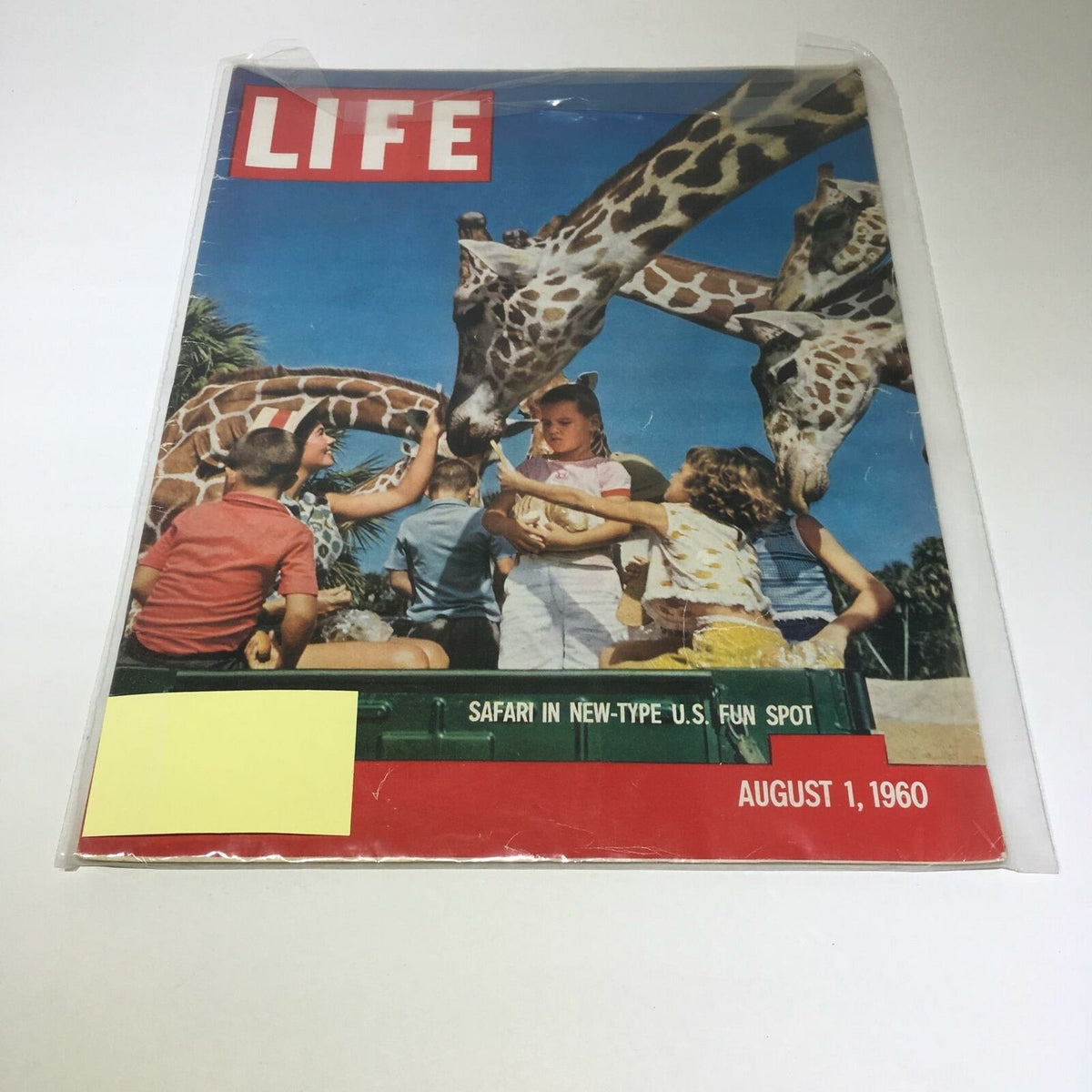 Cover of VTG Life Magazine August 1 1960 featuring children interacting with giraffes at a fun spot, illustrated with vibrant colors and the headline 'Safari In New Type U.S. Fun Spot'.