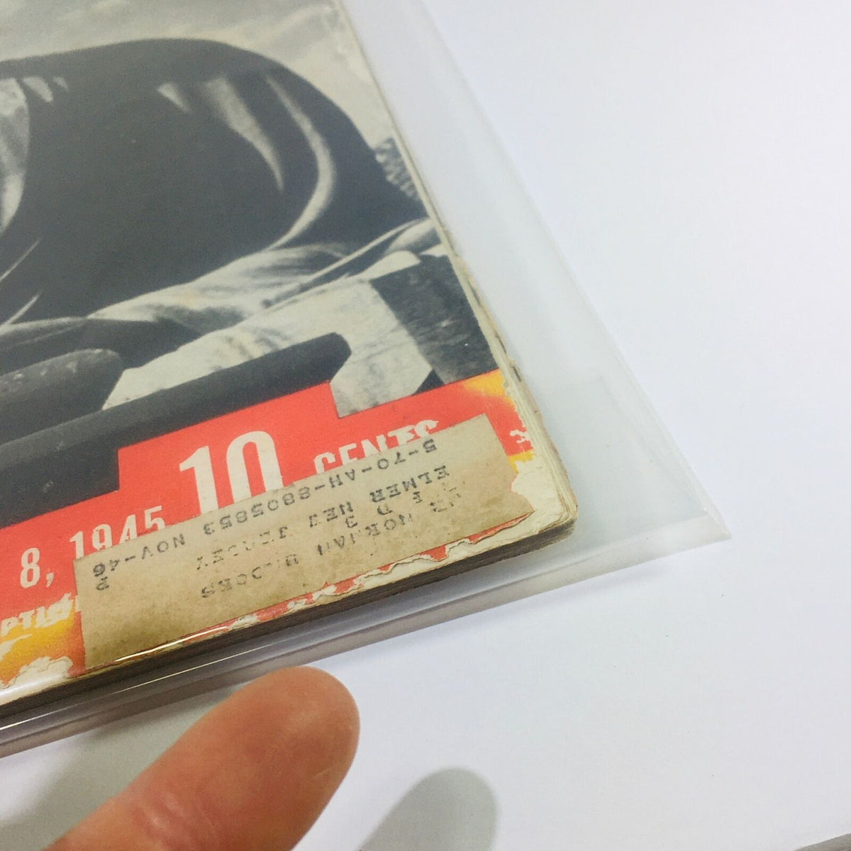 Close-up of the vintage Life Magazine from October 8, 1945, showing a corner with an address label and price details.