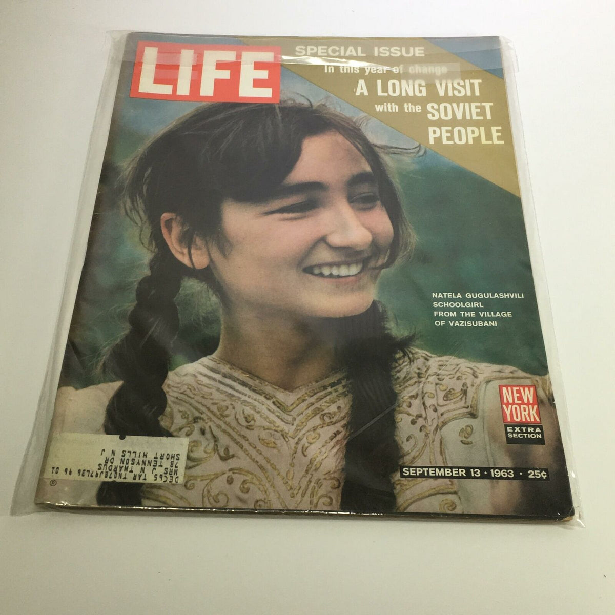 Cover of Life Magazine from September 13, 1963 featuring Natela Gugulashvili, a schoolgirl from the village of Vazisubani, with the headline 'A Long Visit with the Soviet People'.