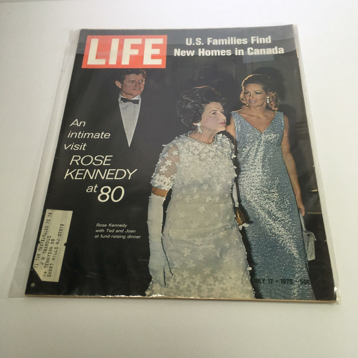 Life Magazine July 17, 1970 cover featuring Rose Kennedy with Ted and Joan Kennedy at a fundraising event. The cover highlights Rose's milestone at 80, showcasing a glamorous black and white image.