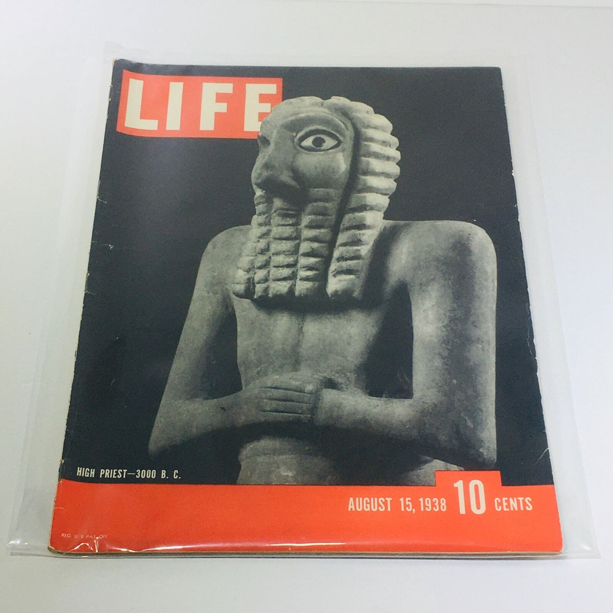 Vintage Life Magazine Cover: August 15, 1938 featuring 'High Priest - 3000 B.C.' with a striking sculpture image.