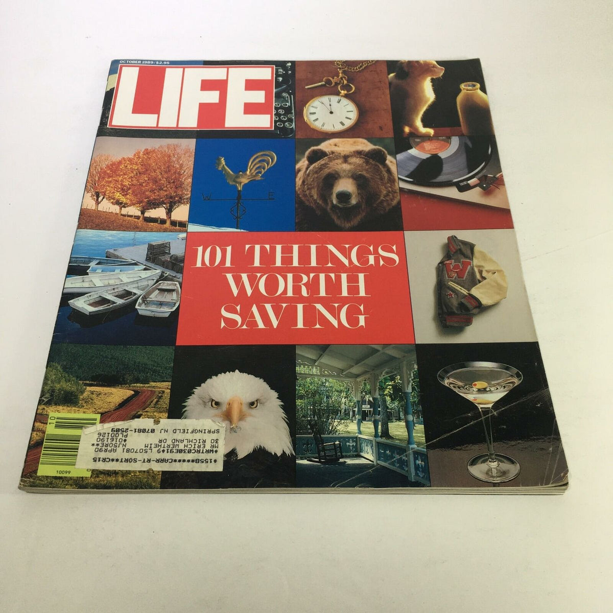 Cover of Life Magazine: October 1989 featuring the title '101 Things Worth Saving'. The image showcases a collage of nostalgic items, including a bear, a clock, and an eagle, capturing elements of cultural significance from that era.