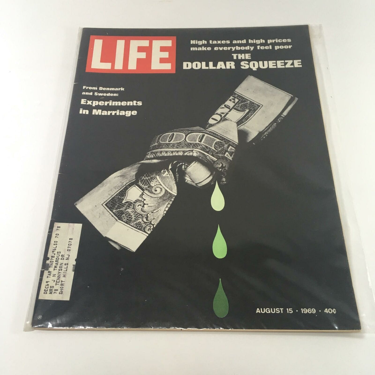 Cover of Vintage Life Magazine from August 15, 1969 featuring the title 'The Dollar Squeeze' and an article on 'Experiments in Marriage'. The cover art depicts a dollar bill with green droplets, emphasizing economic themes.