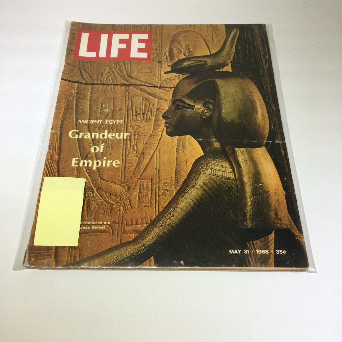 Cover of the vintage Life Magazine dated May 31, 1968, featuring the title 'Ancient Egypt Grandeur of Empire' showcasing a statue of the Goddess Serket, protected in plastic wrap.