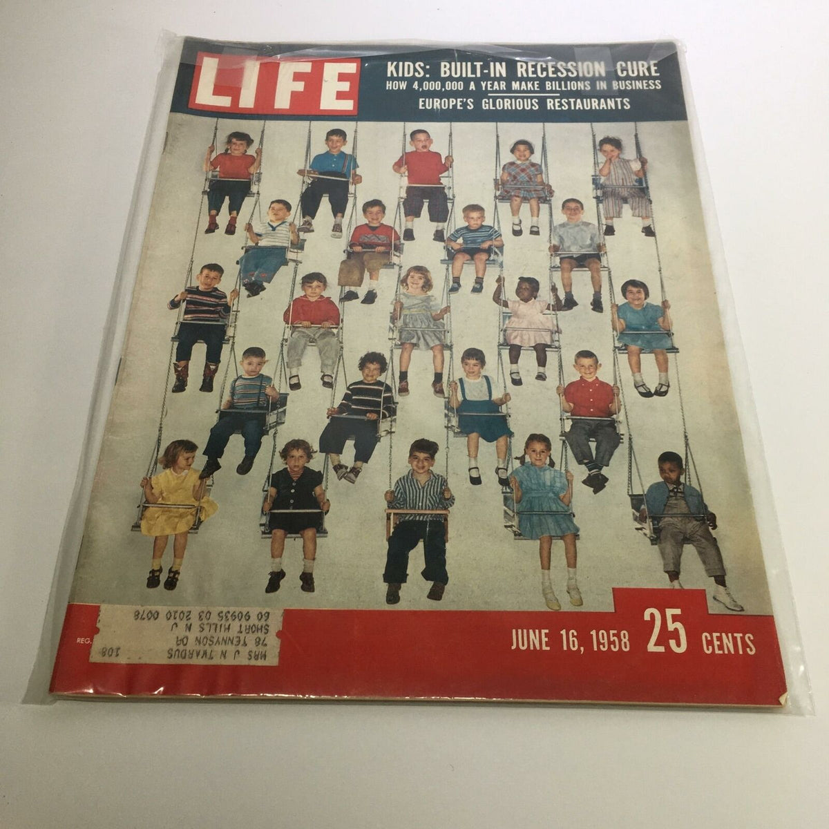 Cover of Life Magazine from June 16, 1958 featuring the title 'Kids: Built-in Recession Cure'. The cover displays a group of children sitting on swings, reflecting the nostalgic theme of childhood during economic recovery in the late 1950s.