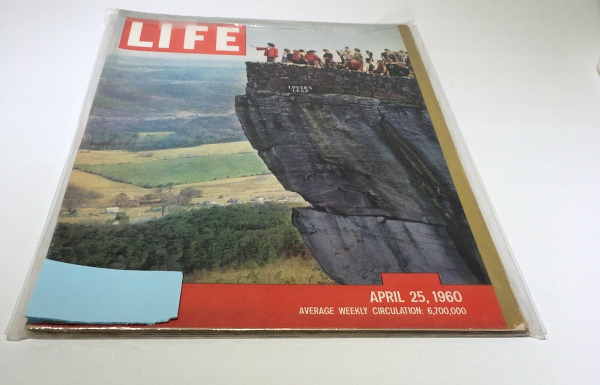 Vintage Life Magazine cover from April 25, 1960 featuring Tennessee's Lovers Leap Lookout with stunning scenic views and a historical backdrop.
