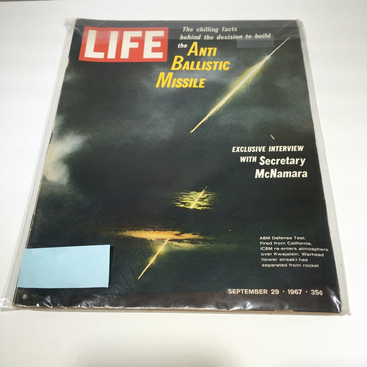 Vintage Life Magazine cover from September 29, 1967, featuring an exclusive interview with Secretary McNamara, discussing the Anti Ballistic Missile program. The cover showcases dramatic imagery related to missile defense.