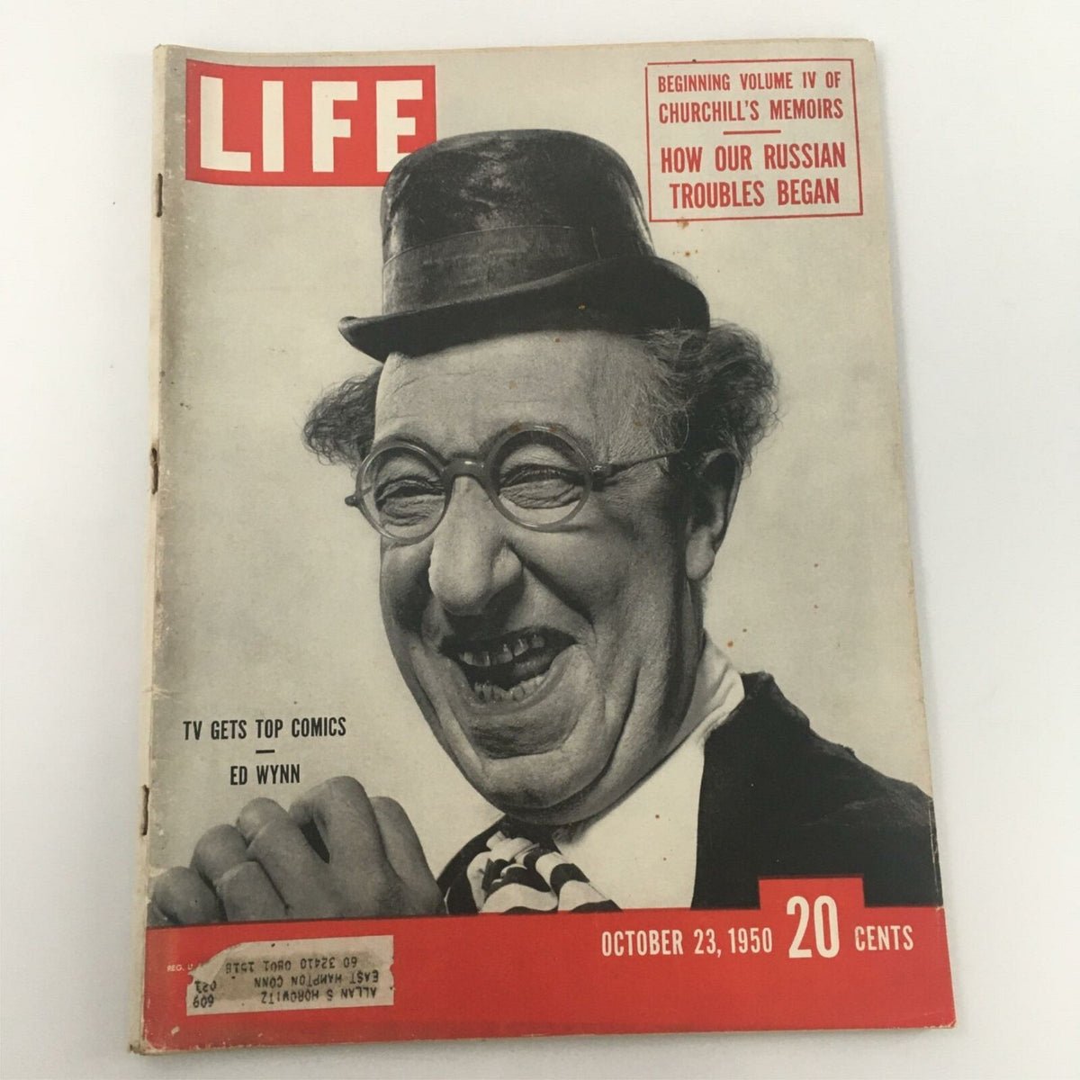 Cover page of VTG Life Magazine October 23, 1950 featuring Ed Wynn, highlighting his comedic persona and iconic style. The cover includes details about Churchill's memoirs and the magazine's publication date.