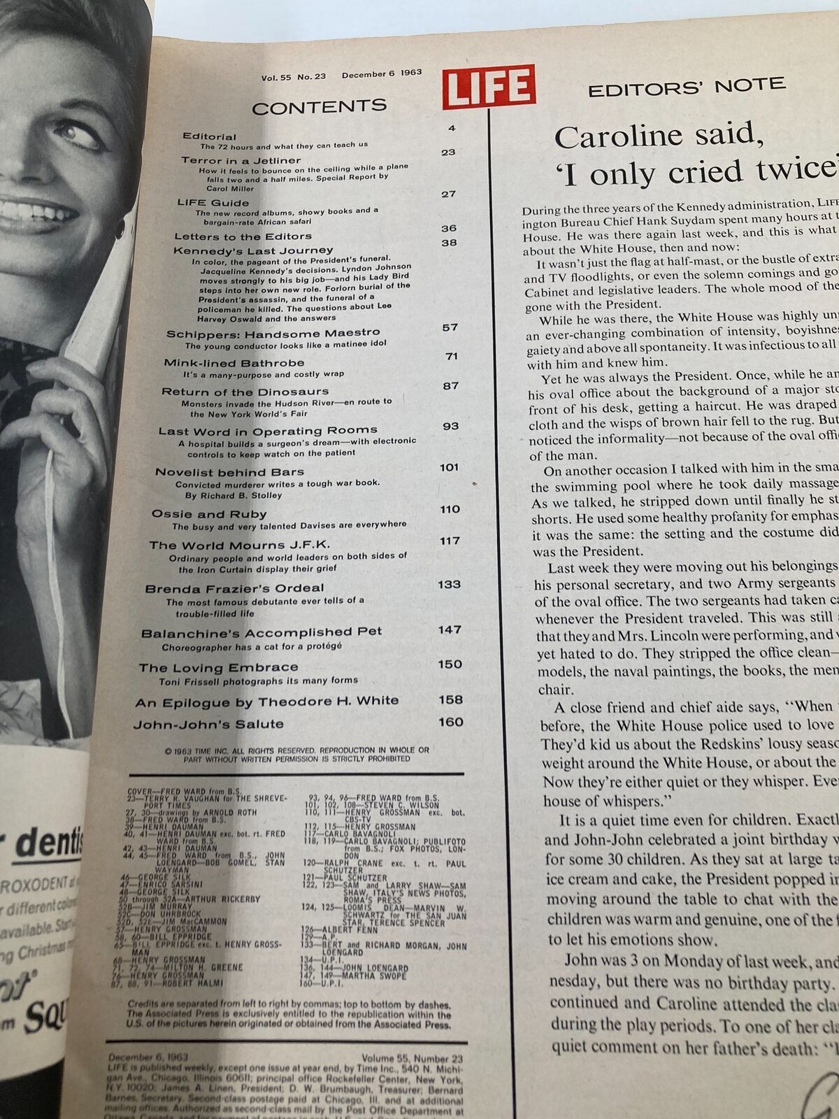 Interior page of the vintage Life Magazine from December 6, 1963 displaying the table of contents, including articles related to the Kennedy family and the era's events.