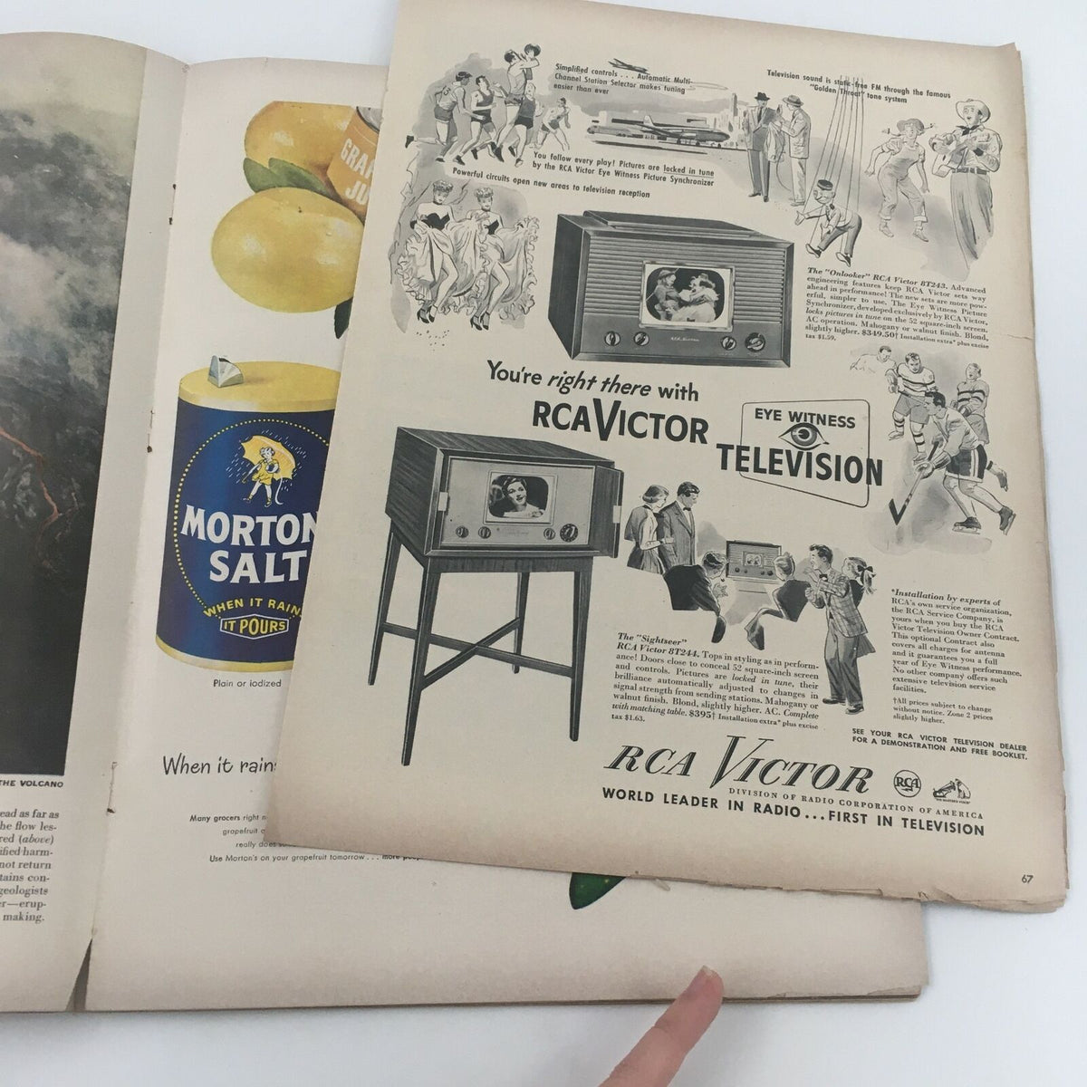 Inside page of VTG Life Magazine February 21, 1949, displaying an advertisement for RCA Victor television alongside Morton Salt.