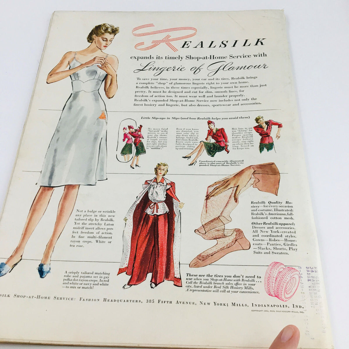Back cover of the April 13, 1942 Life Magazine illustrating an advertisement for Realsilk's Shop-at-Home service with drawings of elegant lingerie and fashion, reflecting 1940s style.