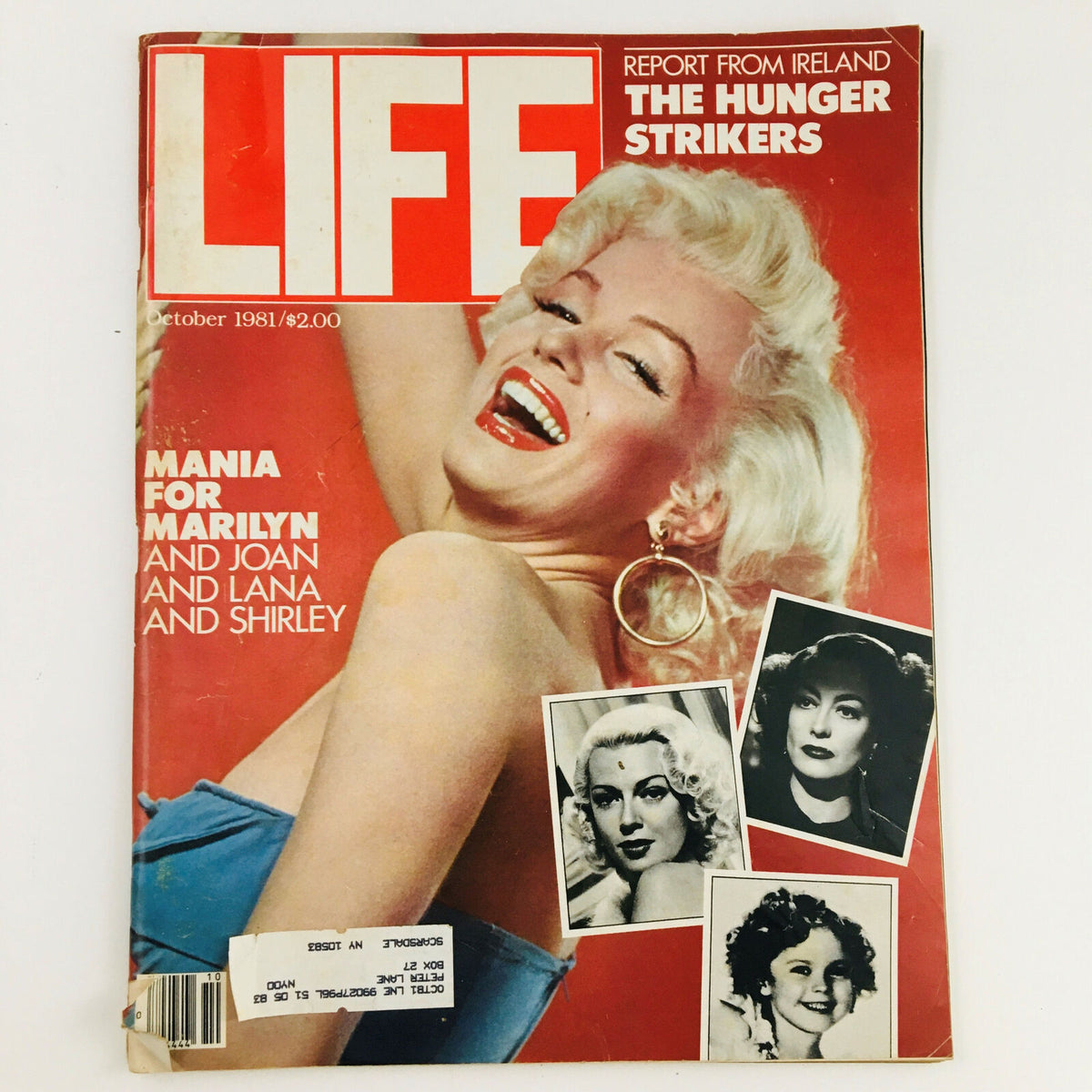 Cover of VTG Life Magazine from October 1981 featuring Marilyn Monroe and the headline 'Mania for Marilyn and Joan and Lana and Shirley'. The magazine showcases images of iconic Hollywood stars.