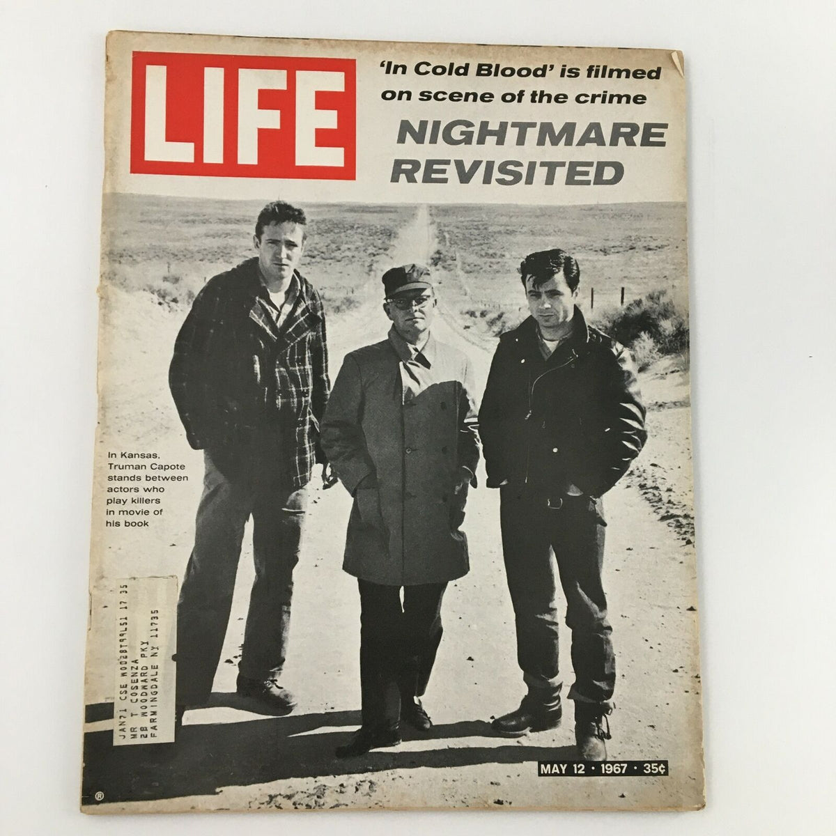 VTG Life Magazine from May 12, 1967, featuring the article 'Nightmare Revisited in Kansas' by Truman Capote, showing three actors on the cover, with Capote in between, related to the film adaptation of 'In Cold Blood'. This vintage magazine captures a pivotal moment in American journalism.