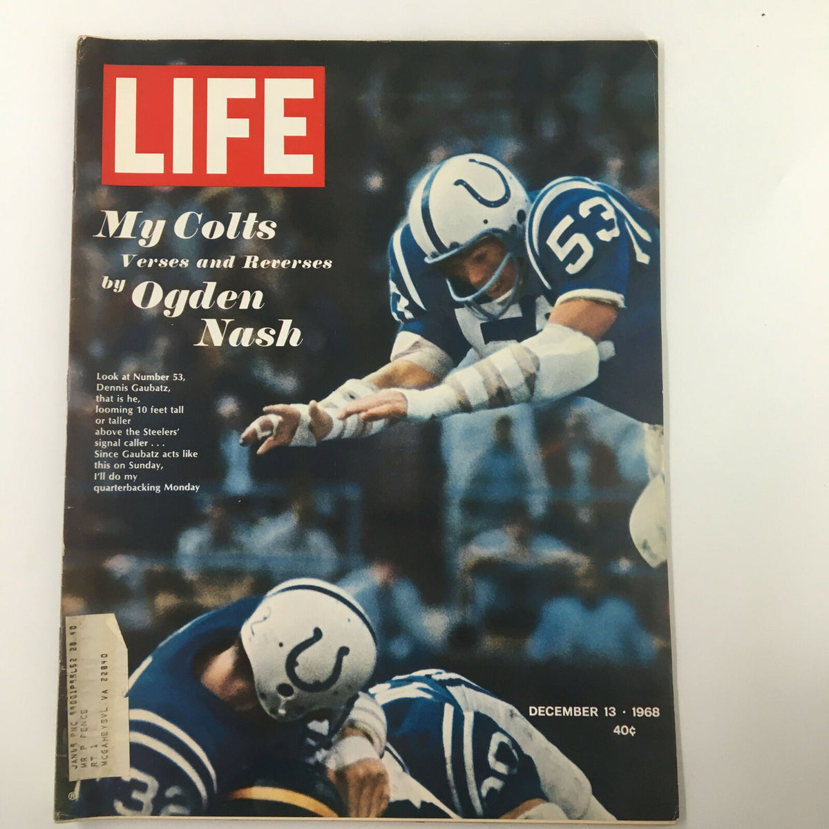 Vintage Life Magazine cover from December 13, 1968 featuring the title 'I'll Do My Quarterbacking' by Dennis Gaubatz, showcasing a football player in action, representing nostalgic sports culture.