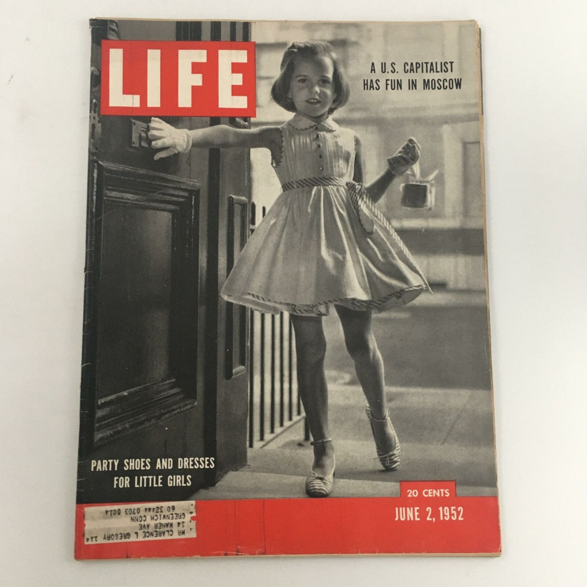 Cover of VTG Life Magazine dated June 2, 1952, featuring a young girl in a party dress, showcasing Tucker Burns Paty Shoes & Dresses for Girls.