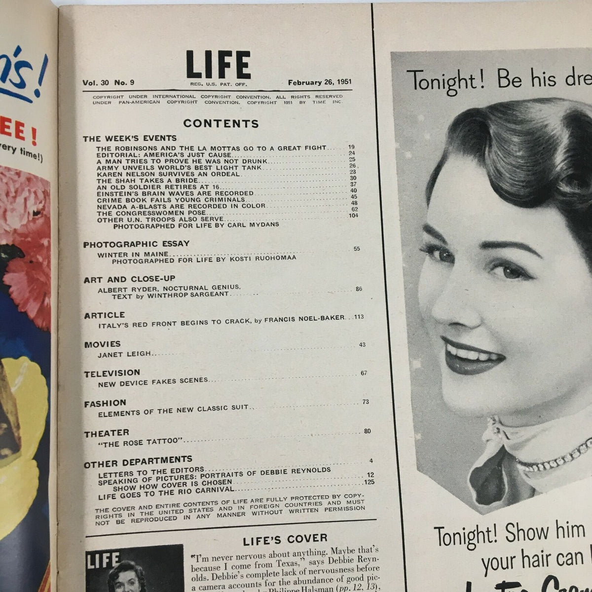 Table of contents from the VTG Life Magazine February 26 1951 featuring articles including Debbie Reynolds and Hollywood highlights.