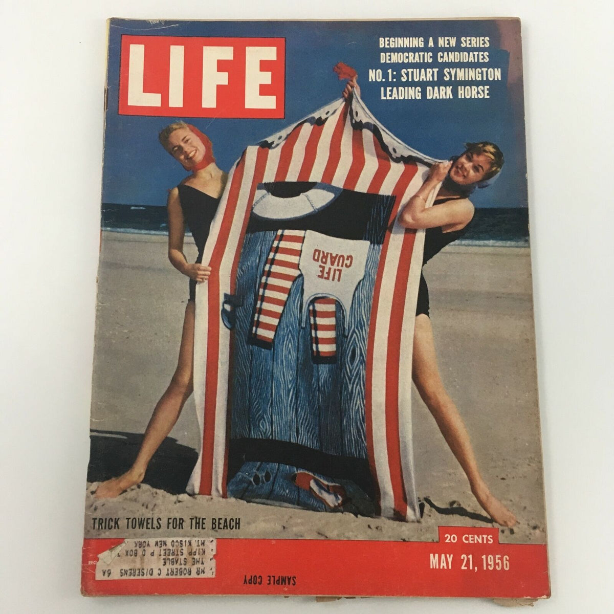 VTG Life Magazine dated May 21, 1956, featuring Stuart Symington as the Leading Dark Horse, with a colorful cover showcasing beach themes and trick towels.