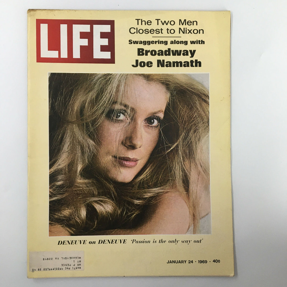 Vintage Life Magazine cover from January 24, 1969 featuring Broadway Joe Namath, showcasing a stunning image of a woman and the headlines 'Swaggering Along with Broadway Joe Namath'. Ideal for vintage collectible enthusiasts and sports history fans.