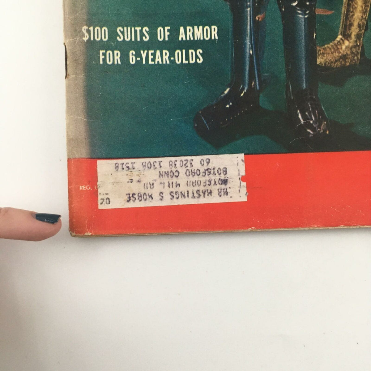 Close-up of the bottom section of VTG Life Magazine December 19, 1955 highlighting the $100 Suits of Armor for 6-Year-Olds, with price details visible on the magazine cover.