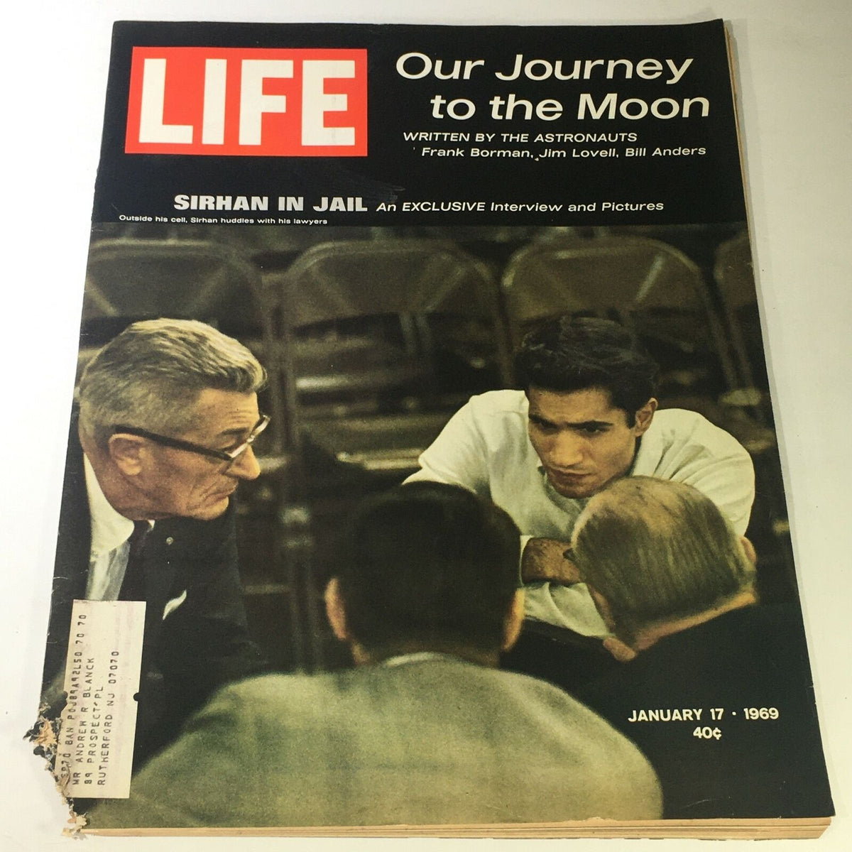 Cover of VTG Life Magazine from January 17, 1969, featuring the title 'Our Journey to the Moon' written by astronauts Frank Borman, Jim Lovell, and Bill Anders, showcasing images related to the Apollo 11 mission.