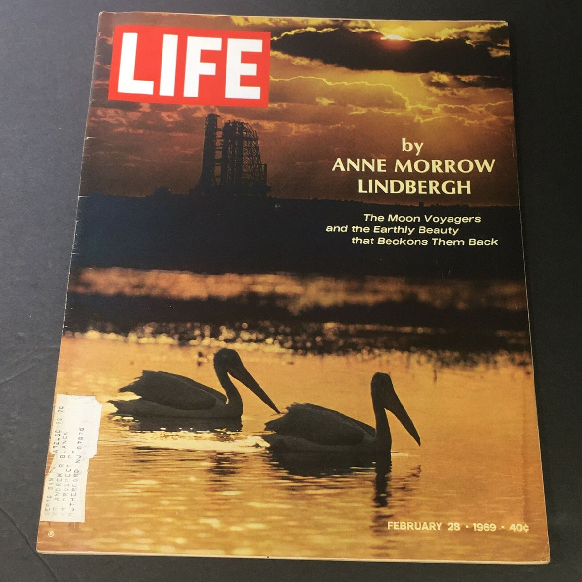 VTG Life Magazine February 28 1969 cover featuring 'The Moon Voyagers' by Anne Morrow Lindbergh, showcasing pelicans on a serene lake at sunset with a space launch background.