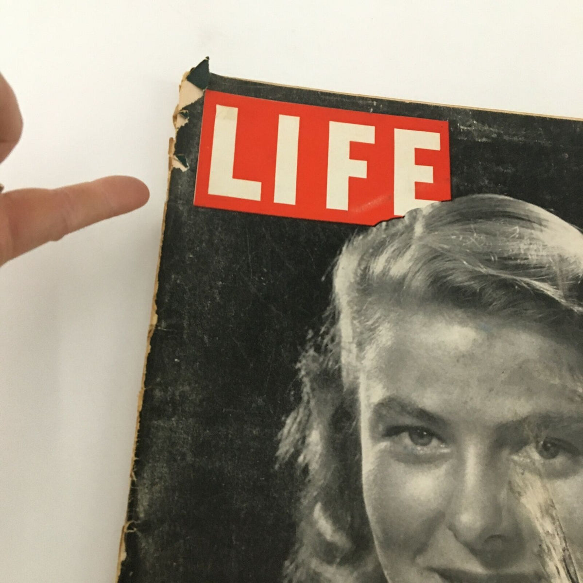 Close-up view of the top of the VTG Life Magazine from November 12 1945, highlighting the ‘LIFE’ magazine title and part of Ingrid Bergman's cover image.