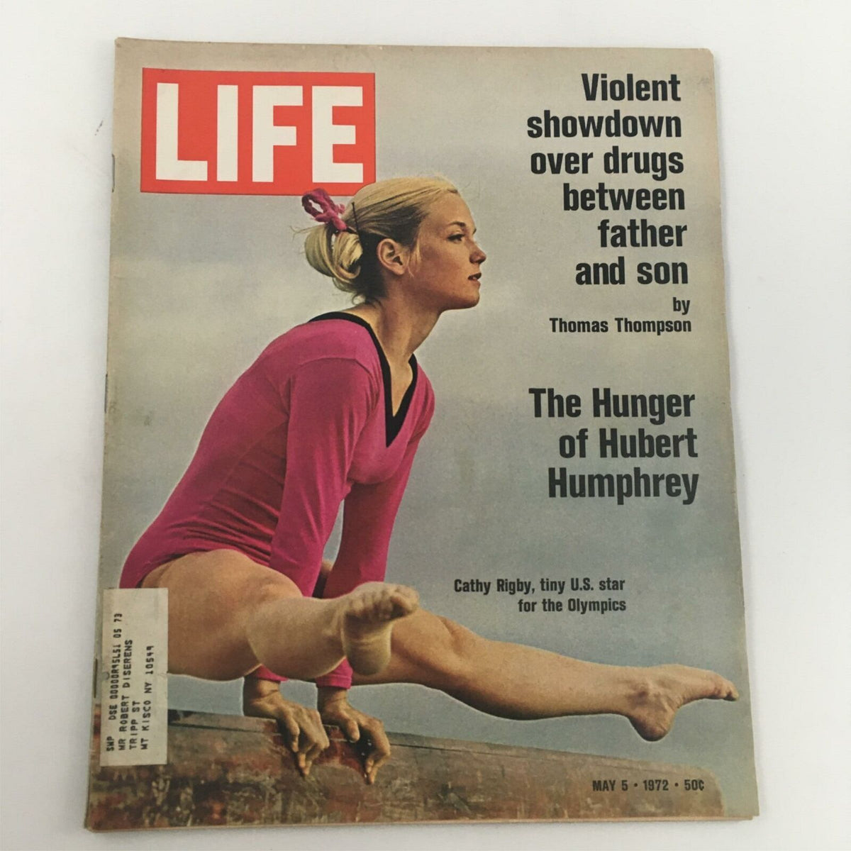 VTG Life Magazine cover from May 5, 1972 featuring Cathy Rigby in a pink leotard, showcasing the article 'The Hunger of Hubert Humphrey'.