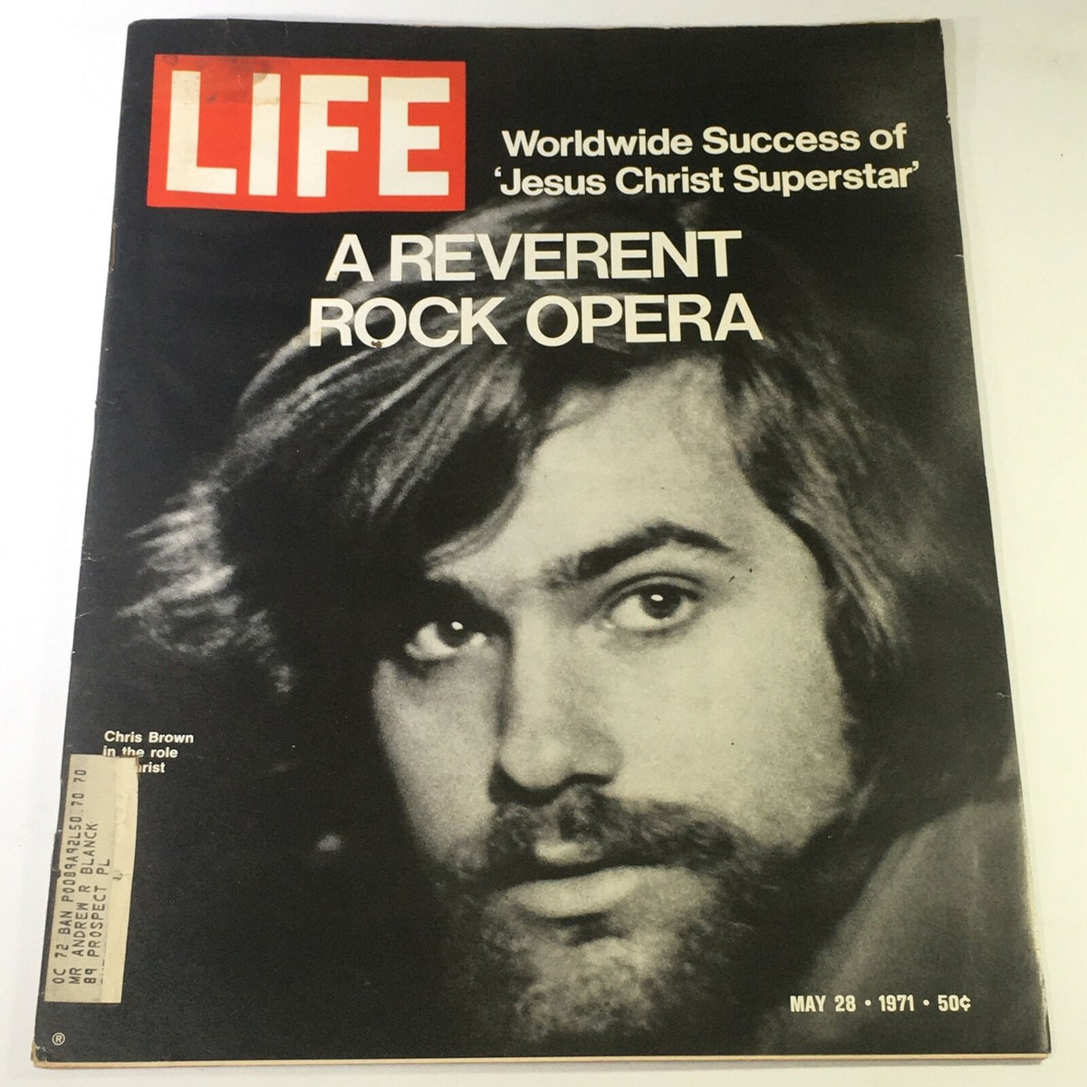 Vintage Life Magazine cover from May 28, 1971 featuring Chris Brown in The Reverent Rock Opera Jesus, showcasing a close-up of Chris Brown with a beard and long hair, emphasizing the magazine's title and subtitle.