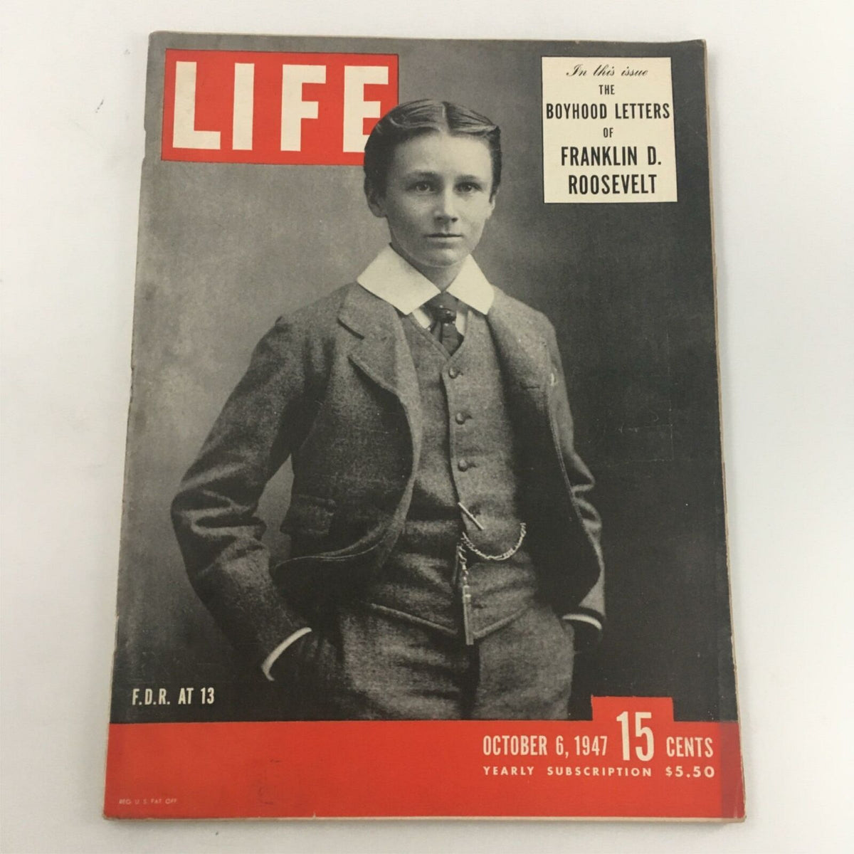 Cover of VTG Life Magazine dated October 6, 1947 featuring Franklin D. Roosevelt at age 13, showcasing historical imagery and details.