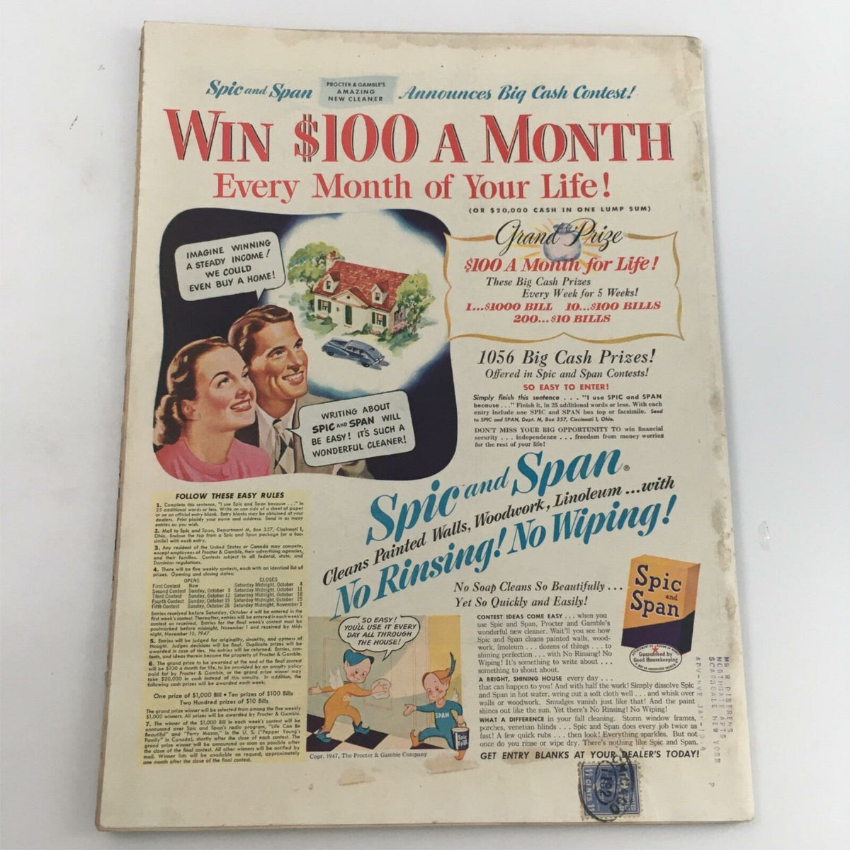 Back cover advertisement for Spic and Span, highlighting a cash prize contest and featuring a couple promoting the cleaning product, from a 1947 vintage magazine.