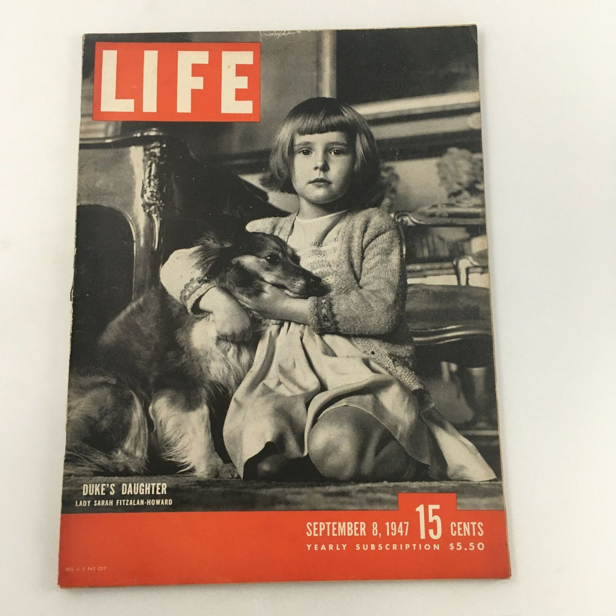 Vintage Life Magazine cover from September 8, 1947, featuring Duke's Daughter Lady Sarah, with a child and a dog, highlighting historical significance and vintage appeal.