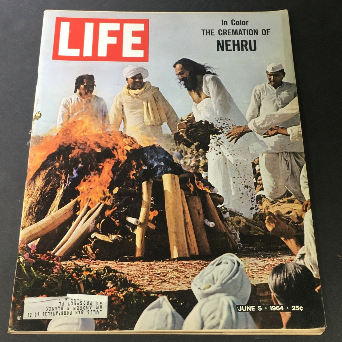 VTG Life Magazine June 5 1964 cover featuring 'The Cremation of Jawaharlal Nehru' in color, depicting a solemn moment with individuals surrounding a cremation pyre.