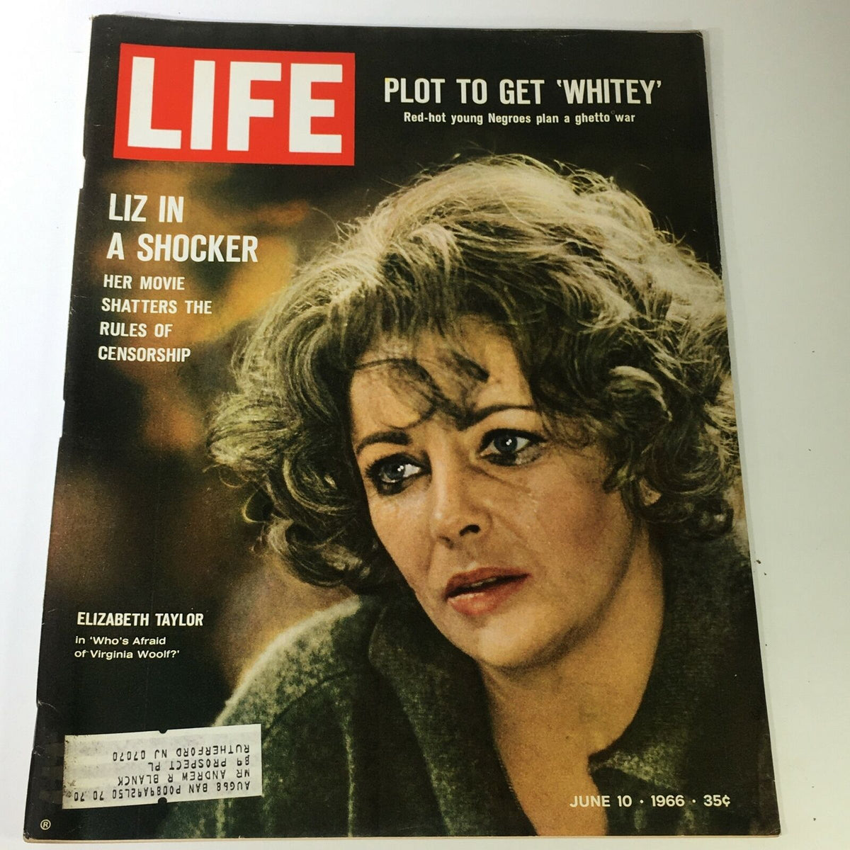 VTG Life Magazine Cover from June 10, 1966, featuring Elizabeth Taylor with the title 'Plot To Get Whitey', showcasing her iconic look and a captivating feature on censorship in cinema.