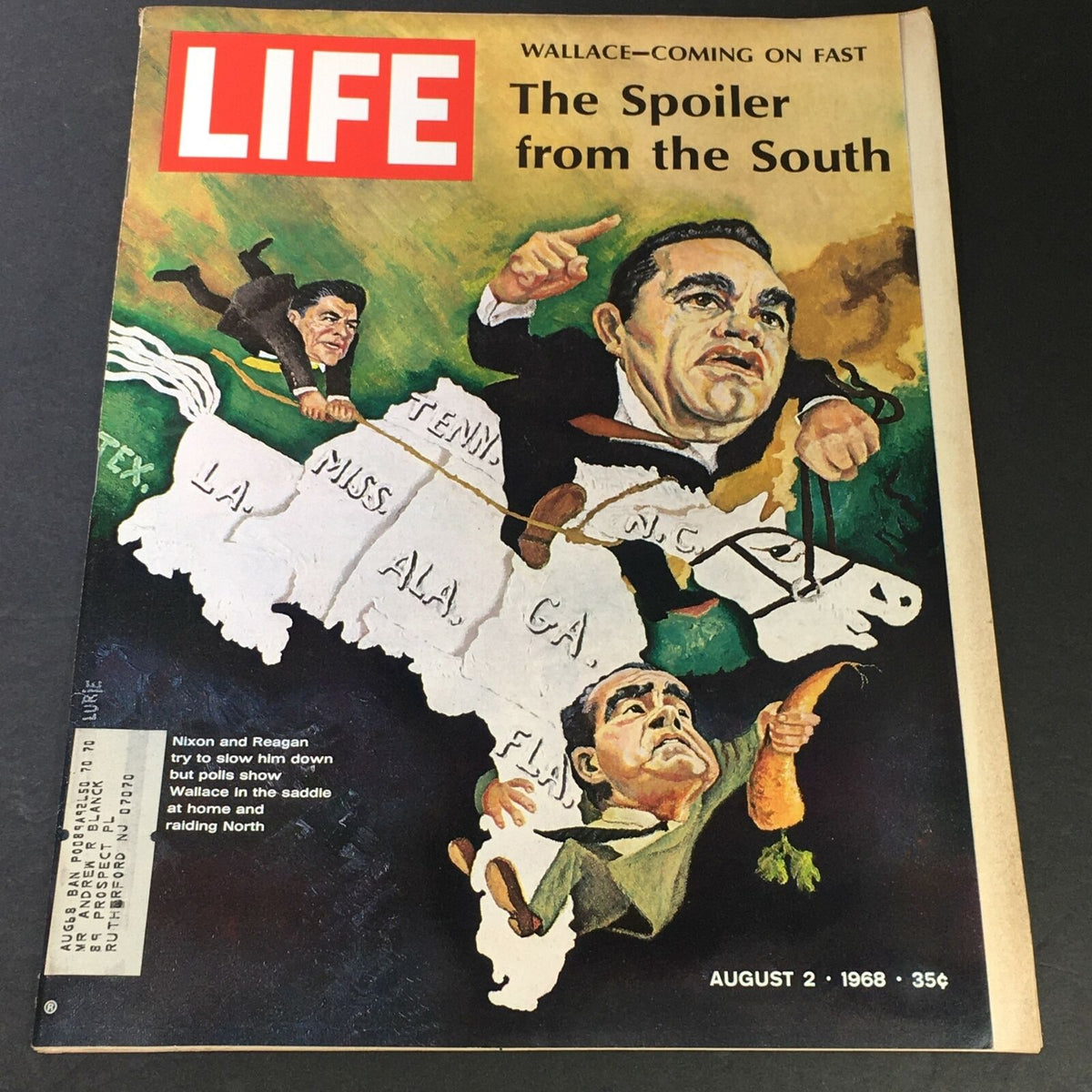 VTG Life Magazine cover from August 2, 1968 featuring Richard Nixon and Ronald Reagan with a political illustration titled 'Raiding North'. The cover depicts a cartoon of George Wallace and underscores the political themes of the era.