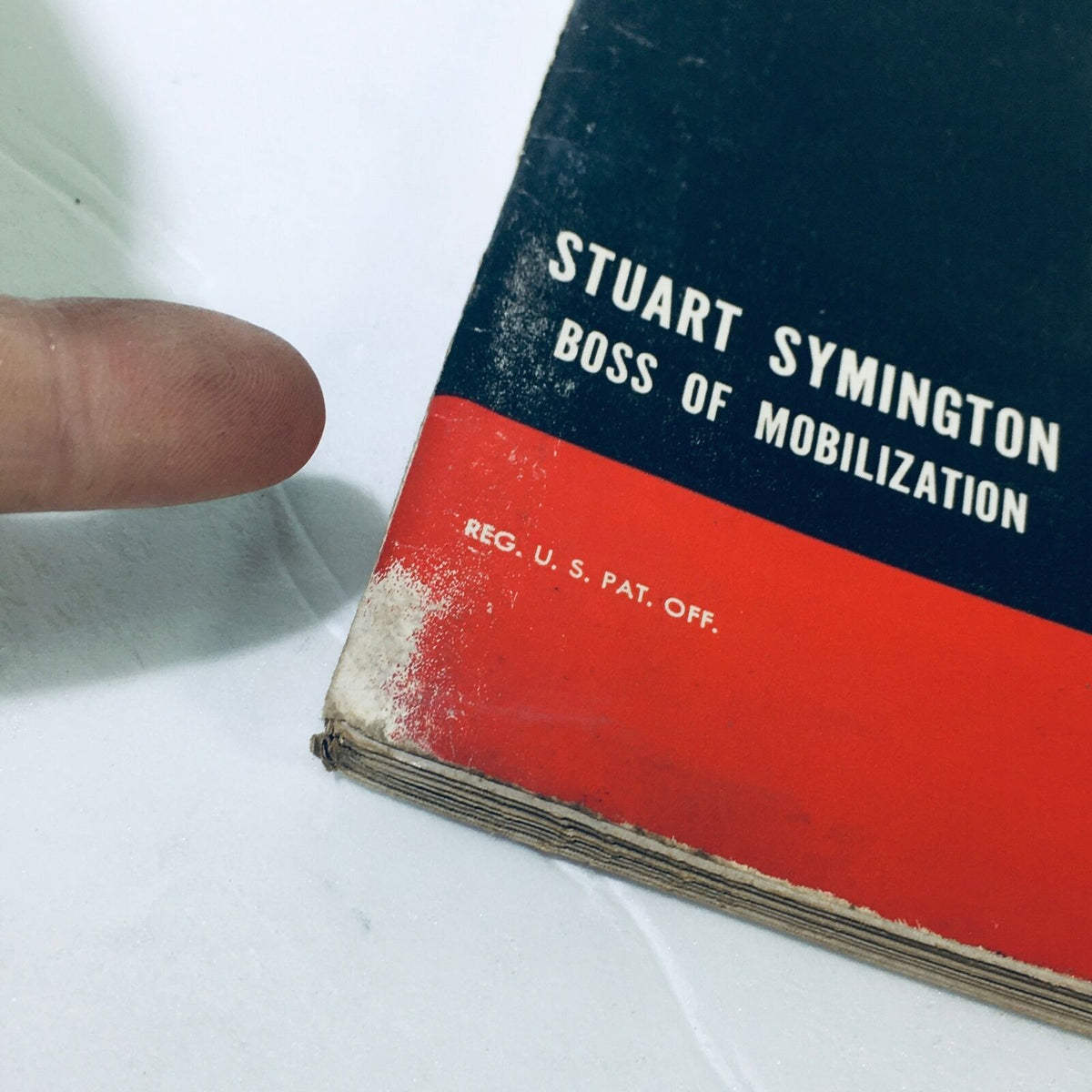A detailed view of the VTG Life Magazine October 2 1950 showcasing the corner with text highlighting Stuart Symington as 'Boss of Mobilization', along with visible wear on the magazine's edge.