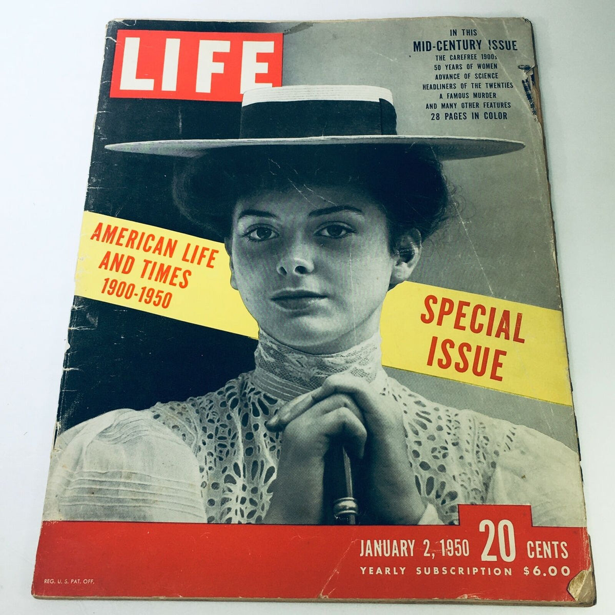 Cover of VTG Life Magazine from January 2, 1950, showcasing the theme 'American Life and Times 1900-1950.' The magazine features a black and white portrait of a woman wearing a hat and includes bold text highlighting its special mid-century issue.